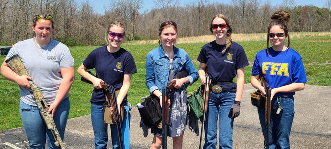 Members of the West Holmes trap shoot team include, from left, Amy Hughes, Alexa Tate, Becca Schuch, Andi Schuch and Emma Stitzlein.