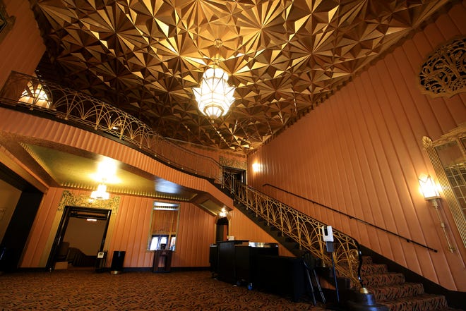 A stairway leads up to the second floor of the Historic Fox Theatre in Hutchinson. 