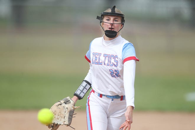 Hutchinson-Trinity Catholic senior Lauren Galliher throws a pitch during the Celtics' doubleheader against Inman Tuesday, May 3, 2022 at the Our Lady of Guadalupe Sports Complex in South Hutchinson.