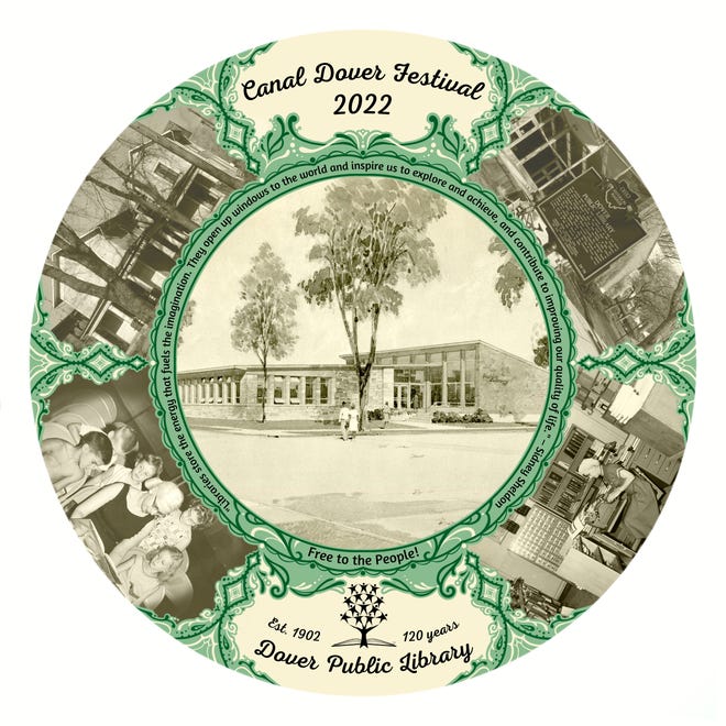 The plate for the 2022 Canal Dover Festival recognizes the Dover Public Library.