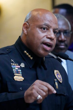 City of Jackson, Miss., Police Chief James Davis, speaks to reporters about the Hinds County Public Safety Initiative, a project they believe will address crime in Hinds County through temporary judges, assistant district attorneys, and public defenders, Wednesday, May 4, 2022, in Jackson, Miss.