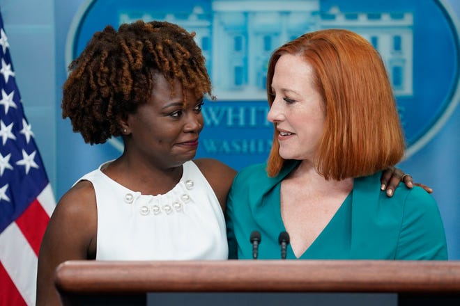White House press secretary Jen Psaki introduces incoming press secretary Karine Jean-Pierre during a press briefing at the White House, Thursday, May 5, 2022, in Washington. (AP Photo/Evan Vucci) ORG XMIT: DCEV453