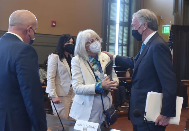 In the May 2022 file photo, state Sen. Susan Moran, D-Falmouth, chats with U.S. Sen. Ed Markey at a hearing in Plymouth Town Hall on  on issues facing communities with decommissioning nuclear plants. Steve Heaslip/Cape Cod Times