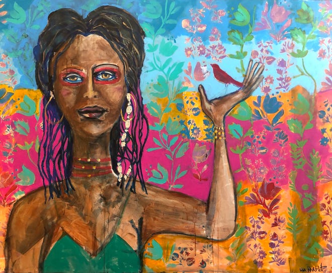 "Tkeah with Bird," acrylic on canvas, by Lisa Bartlett
