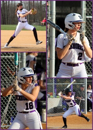 Clara Babyak (top left) Natalie Meredick (top right) Gabbi Passenti (bottom left) and Hunter Myers (bottom right) are some of the key components to Wallenpaupack Area’s recent success on the softball diamond. Currently 9-4 the Lady Bucks posted six straight wins and are looking to challenge for a division title.