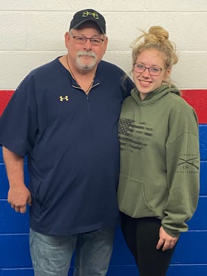 Kevin Crawford stands with Bushnell-Prairie City student Baleigh Harn. Crawford credits Harn, who is a CNA at The Loft in Canton, with saving his life during a harrowing medical emergency last September.