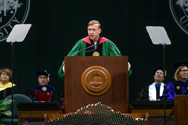 Michigan State University President Samuel L. Stanley Jr. speaks during the MSU spring convocation on Friday, May 6, 2022, at the Breslin Center in East Lansing.