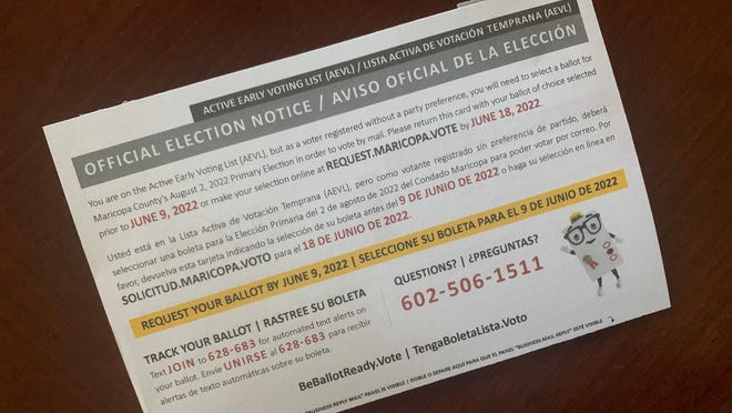 The Maricopa County Elections Department sent out cards in early May 2022 to voters on the early voter list.