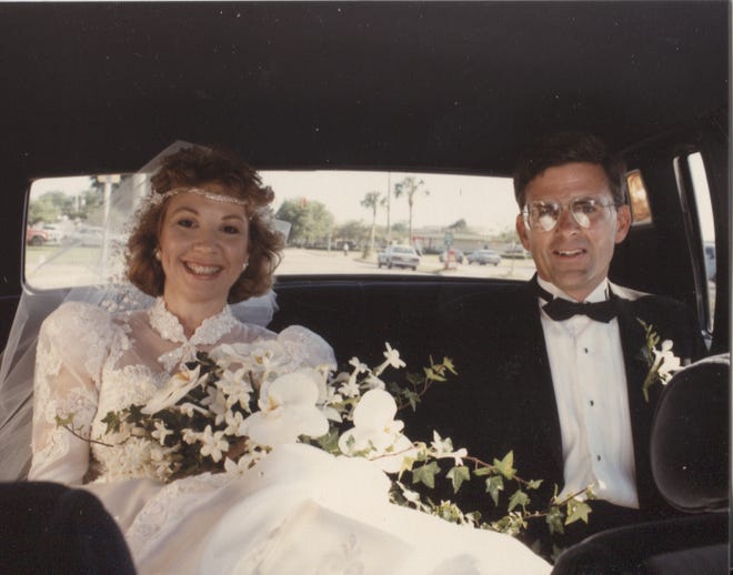 Debbie, left, and Jonathan, right, on their wedding day. They were married 32 years.