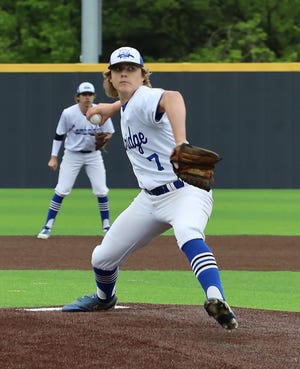Cambridge junior Jake Valentine delivers a pitch during Friday's Buckeye 8 Conference Championship game against Harrison Central in Cadiz. Despite Valentine throwing a no-hitter the Bobcats dropped a tough 3-0 decision.