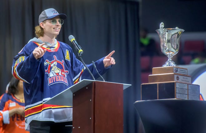 Peoria Rivermen forward JM Piotrowski, who scored the game-winning goal against Roanoke in Game 4 of the SPHL Finals to give his team the title, talks with crowd during a celebration ceremony Friday, May 6, 2022 at the Peoria Civic Center.