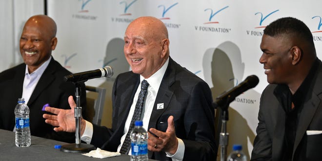 "My agenda tonight is about gratitude and perspective," said Vitale, during his 17th Annual Dick Vitale Gala, at The Ritz-Carlton, Sarasota, on Friday, May 6, 2022. To his left, Rod Gilmore who received the V Foundation John Saunders Courage Award and former NFL star and ESPN host Keyshawn Johnson, on right, who was also a honoree.