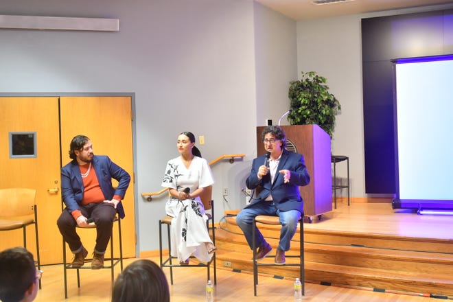 Jeff Valdez (right), creator of "The Garcias," a television series on HBO Max, on a panel with stars Bobby Gonzalez and Nitzia Chama during a special screening of the show at Pueblo Community College's Fortino Ballroom.