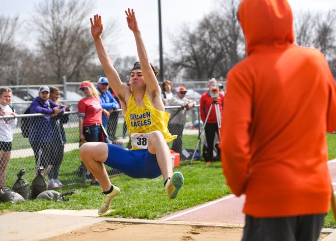 Aberdeen Central's Sam Rohlfs competes in the long jump at the Howard Wood Dakota Relays on Friday, May 6, 2022, in Sioux Falls.