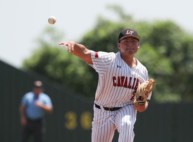 O.J. Gonzalez Jr. of Lake Travis fires a pitch to the plate against Vandegrift the second game of the Cavs' first-round playoff series Saturday. Gonzalez pitched six innings of shutout baseball during the 3-0 win by Lake Travis that completed the series sweep.