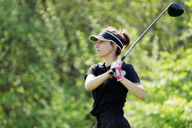 New London's Taylor Phillips tees off during the Southeast Iowa Superconference Girls Golf Tournament Monday May 9, 2022 at the Heritage Oaks Golf and Country Club near Wapello. 