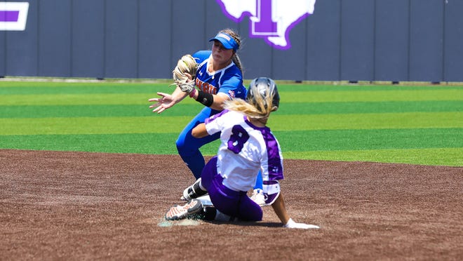 Tarleton's Amanda DeSario (No. 8) slides into base during Saturday's game against Houston Baptist at the Tarleton Softball Complex. DeSario went 2-for-3 with a walk and an RBI.