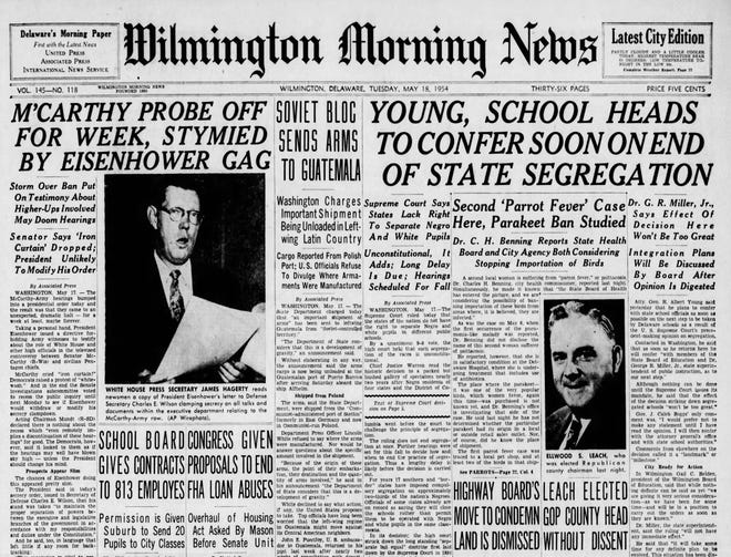 Front page of the Wilmington Morning News from May 18, 1954.