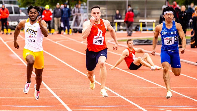 Duquesne fifth-year senior Isaac Elliott competes in the 100-meter dash at the 2022 Atlantic 10 Conference championships on Sunday in Richmond, Virginia.