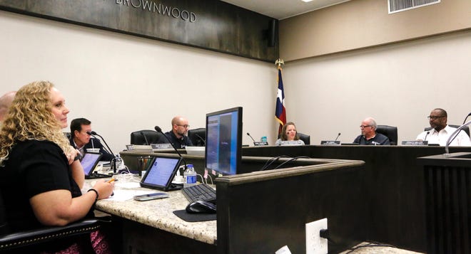 Brownwood Mayor Stephen Haynes (center) presides over a meeting Tuesday morning of the Brownwood City Council. Haynes was elected to a fourth term Saturday.