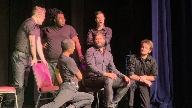 Cast members of "Miscast Cabaret" sing "Cell Block Tango" from "Chicago." They are, top row, Jakob Hankins, DeWayne Williams and Matt Woodson, bottom row, Devin Leming, Daniel Maughan and Lawrence Perko. In "Chicago," the song is performed by six women.