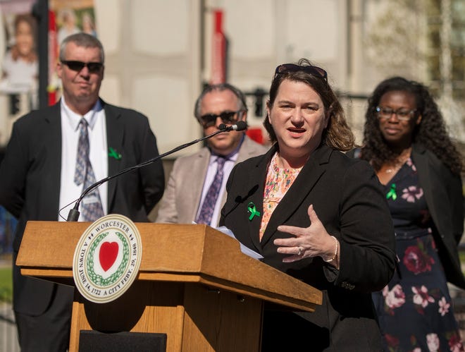 Lori Simkowitz-Lavigne speaks about the role Community Healthlink plays in the city during an event to raise awareness of mental health outside City Hall Tuesday. Simkowitz-Lavigne is vice president of children's and emergency services at Community Healthlink.