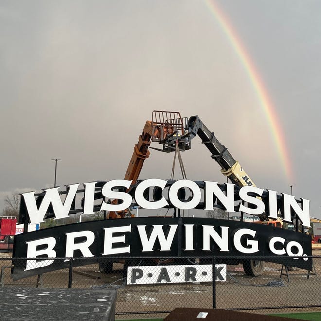 The Lake Country DockHounds stadium sign is prepared to go up at Wisconsin Brewing Company Park.