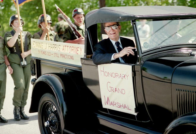 Attorney Ewing J. Harris, 91, who still practicing at his Bolivar, Tenn., law firm, rides in the 34th annual Dickson Old Timers' Parade as honorary grand marshal May 2, 1992. Harris returns to his hometown Dickson, Tenn., annually for this celebration of seniors reminiscing about the good ole days with lifelong friends.