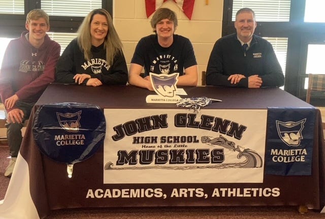 John Glenn senior Ryan House made his college commitment to continue his track and field career with Marietta College on Monday. House will throw the shot put, discus and javelin next year. He has lettered two years in soccer and will be a two-year letterwinner in track after this season. House is also involved in Choir, JG Company and National Honor Society. The picture includes (from left to right): Brother Cameron House, Mother Angela House, Ryan House, Father Mike House.
