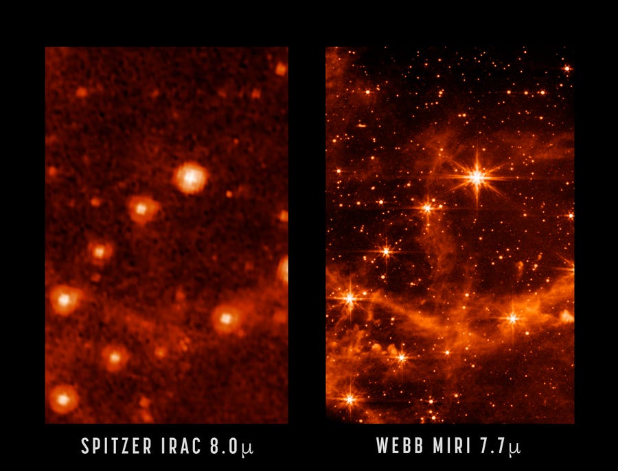 This combination of images provided by NASA on Monday, May 9, 2022, shows part of the Large Magellanic Cloud, a small satellite galaxy of the Milky Way, seen by the retired Spitzer Space Telescope, left, and the new James Webb Space Telescope. The new telescope is in the home stretch of testing, with science observations expected to begin in July, astronomers said.