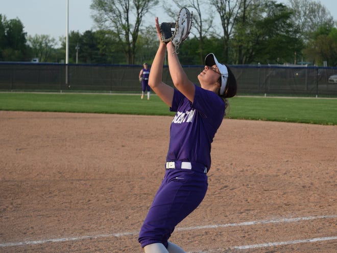 Bloomington South senior Lexie McGlothlin catches a pop up during the final inning of the Panthers' win over Columbus North to clinch the Conference Indiana title. (Seth Tow/Herald-Times)