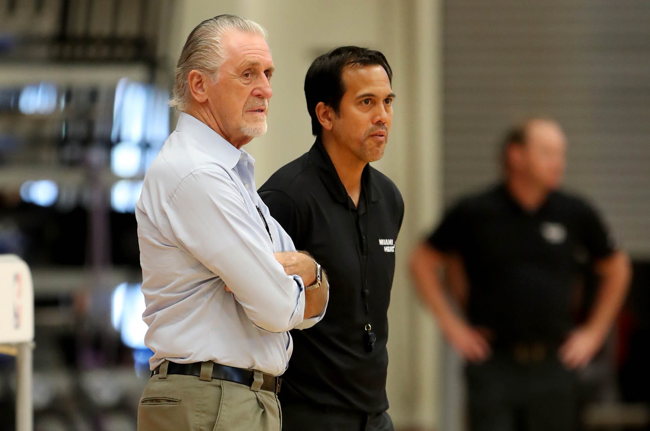 Miami Heat president Pat Riley, left, and head coach Erik Spoelstra shown at the team's training camp at Florida Atlantic University. (Allen Eyestone/The Palm Beach Post)