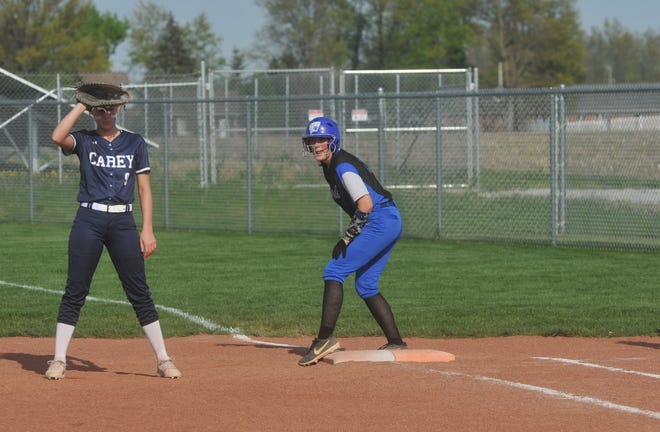 Wynford's Melanie Johnson waits at first for a pitch.