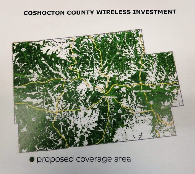 A map showing the coverage area of a wireless project by Coshocton County Commissioners with Ohio TT of Zanesville.