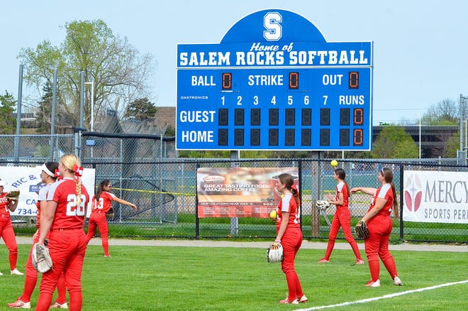 Canton's softball players warm up before their game against Salem was canceled on Wednesday, May 11, 2022.