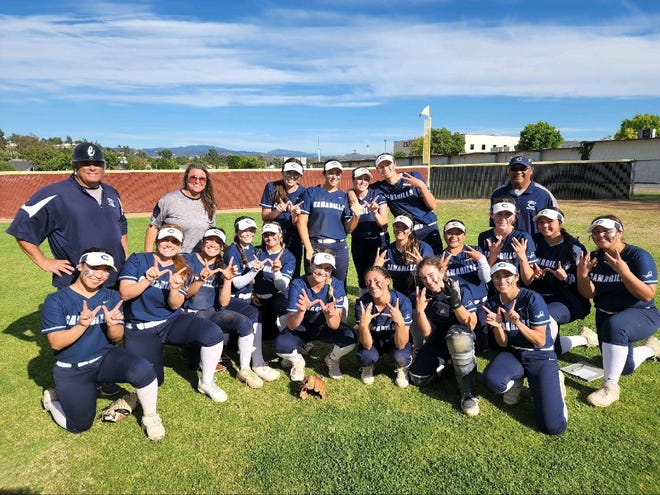 The Camarillo High softball team celebrates its 3-2 road win over defending Division 1 champion Anaheim-Esperanza in a CIF-Southern Section Division 1 second-round game Tuesday.