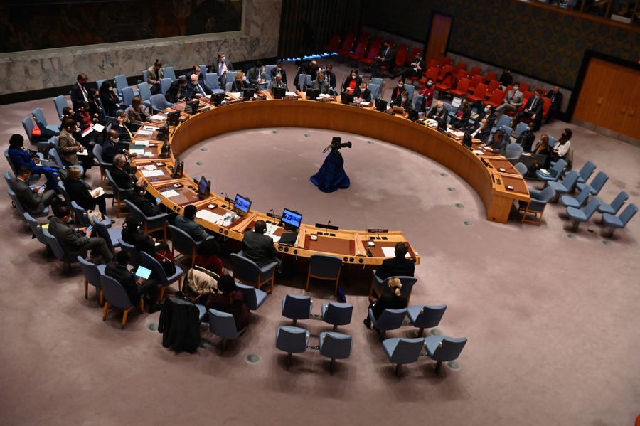 This photo taken on February 28, 2022, shows a general view of the United Nations Security Council meeting at United Nations headquarters in New York City. The United States has requested an emergency UN Security Council meeting for May 11, 2022, to discuss North Korea, according to diplomats, after Pyongyang fired a submarine-launched ballistic missile over the weekend.