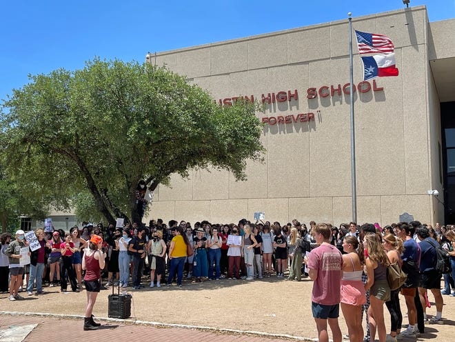 Students participate in a walkout to rally for abortion rights at Austin High School on Thursday, May 12.