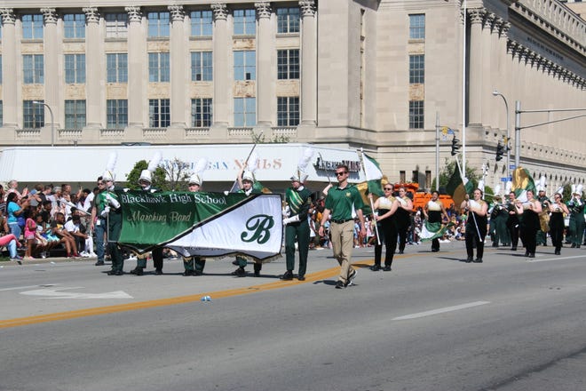 Members of the Blackhawk Cougars Marching Band and drumline, on May 1, performed at the Zoeller Pump Company Pegasus Parade, in Louisville, which was part of the Kentucky Derby Festival.