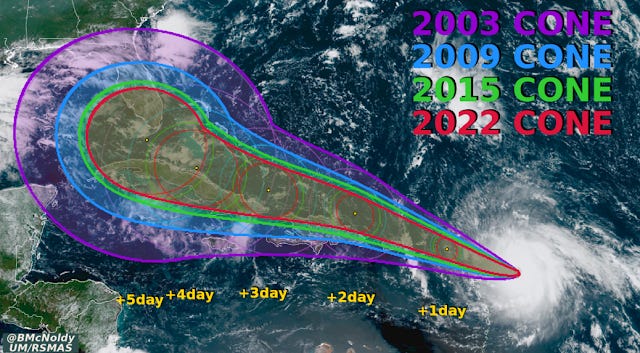 Hurricane track forecasts continue to improve with more accurate predictions as reflected in this map by Brian McNoldy, a senior research associate at the Rosenstiel School of Marine and Atmospheric Science at the University of Miami.