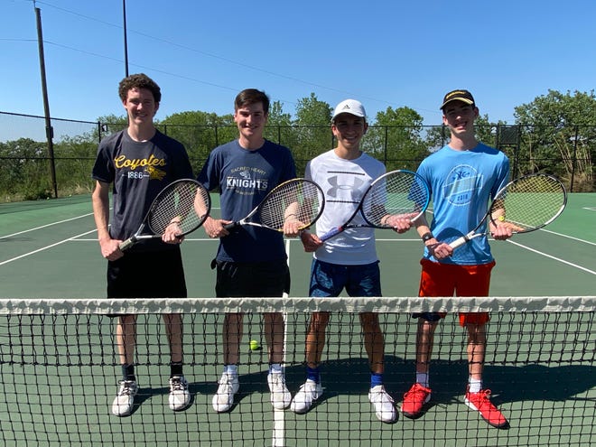 Sacred Heart will have four entries at the Class 3-2-1A state tennis championships to be held in Prairie Village on Friday and Saturday. From left to right, Sean Riordan, Ben Cheney, Jace Douglas and Casey Perrin.
