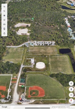 The three youth soccer fields at Wellfield Park - fields 1, 2 and 3, left to right, as seen in this Google Earth aerial image, have all suffered from overuse.  The City of Venice will spend up to $65,000 to repeat the worst of the three pitches, Pitch 2, while Venice Soccer Club will limit practice use on all three pitches to allow the turf to last longer.