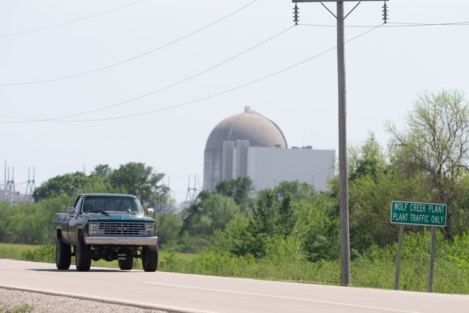 A truck travels away from the Wolf Creek Nuclear Power Plant in Burlington on May 11, 2022.
