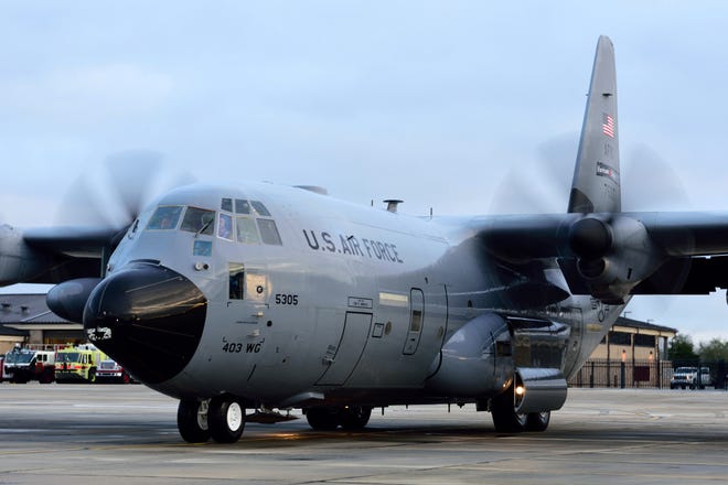 A WC-130J Super Hercules aircraft on the runway at Keesler Air Force Base, Miss. in 2018.