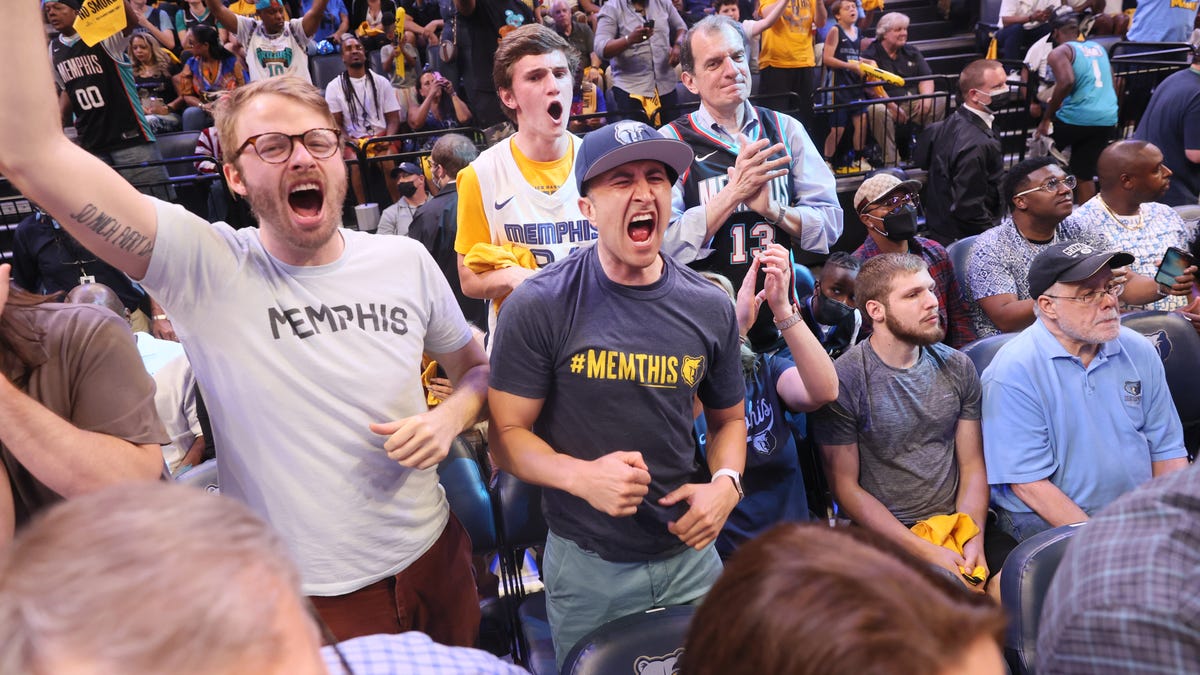 May 11, 2022; Memphis, Tennessee, USA; Memphis Grizzlies fans cheer on their team as they play the Golden State Warriors during game five of the second round for the 2022 NBA playoffs at FedExForum. Mandatory Credit: Joe Rondone-USA TODAY Sports