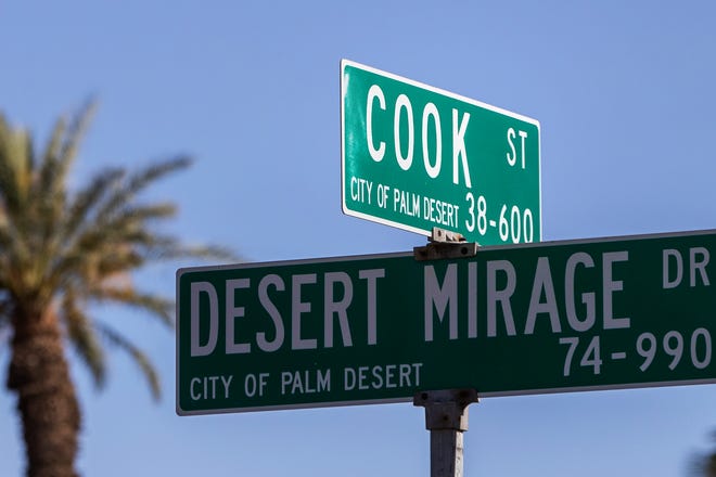 Traffic flows along Cook Street between Frank Sinatra Drive and Country Club Drive in Palm Desert, Calif., on Wednesday, May 11, 2022. 