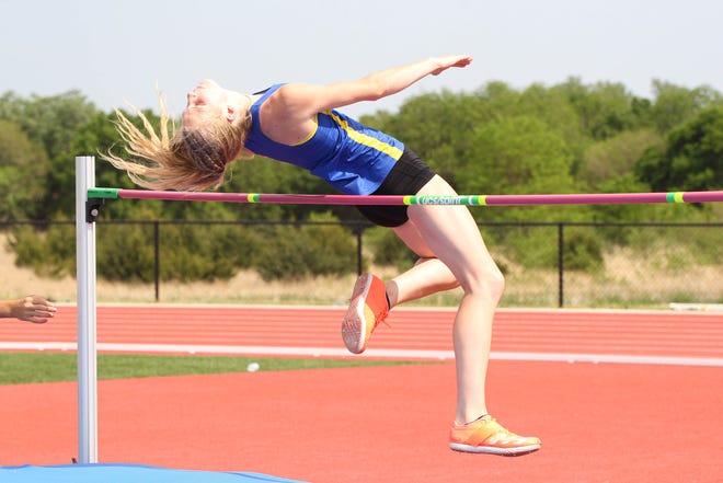 Nickerson's Ava Jones competes in the high jump during the Central Kansas League meet in Pratt Thursday, May 12, 2022. Jones placed first in the event.