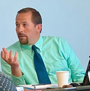 John Wilcox, new acting superintendent for Petoskey schools, speaks to the school board about a behavioral plan process at a special meeting on Friday, May 13.