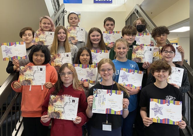 Simmons Middle School's April seventh grade students of the month were, back row from left: Bailey Whitney, Meleane Mounga, Jacob Krahl, Caralyn Sundberg Third row: Connie Reed, Alivia Miller, Hailey Hauer, Jaykobe Zerr, JaSean Rivera. Second row: Ivory Poe, Estella Sanchez-Gonzalez, Taela Bauer, Arawyn Storm. Front row: Kayleigh Marzenell, Hayden Tollefson (April Star Student), Katie Aumer. Not pictured: Keirrah Reinke and Cheyenne Holtey.