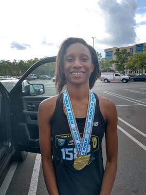 Rutherford's Shakirah Edwards won first place in the Girls High Jump at the 2A Track and Field State Championships in Gainesville on Thursday, May 12, 2022.